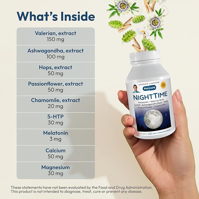 ANDREW LESSMAN Night Time 60 Capsules - 3mg Melatonin, Valerian, Ashwagandha, Passionflower, Hops, Chamomile. No Morning Grogginess. Natural Support, Gentle Restful Sleep. Easy to Swallow Capsules