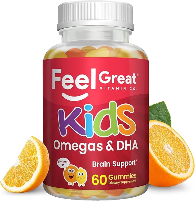 Feel Great Vitamins Kids DHA Gummies with Omega 3 6 9, Vitamin C | Supports Healthy Brain Function, Vision & Heart Health | Gluten Free, Vegetarian | 4 Pack