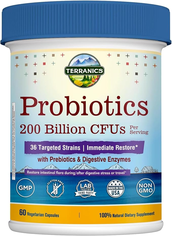 Terranics Daily Probiotics for Men & Women, 200 Billion 36 Strains Immediate Restore Probiotics, with Prebiotics & Enzymes, Delayed Release, Shelf Stable, 60 Veggie Caps