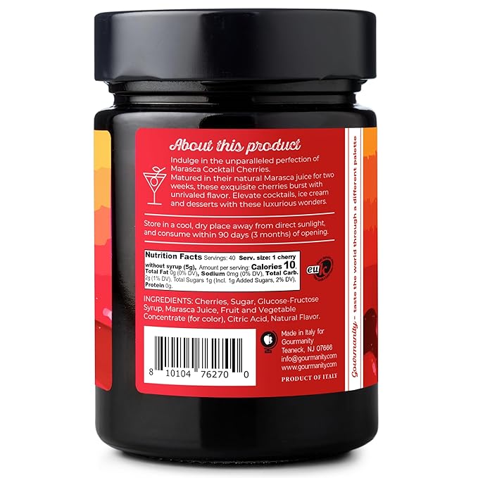Gourmanity Cocktail Maraschino Cherries, Made from Italian Grown Marasca Cherries. Use in Manhattan, Old Fashioned, and Desserts (14.1oz Jar)