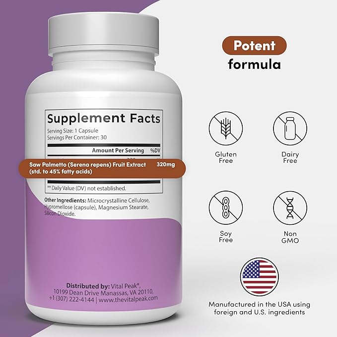 Vital Peak® Saw Palmetto Peak 320 mg - Herbal Supplement for Hair Growth and Urinary Health - Vegan, Gluten Free, Dairy Free, Non-GMO - 30 Capsules