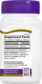 21st Century Healthcare Alpha Lipoic Acid 200 mg, 60 Count Vegetarian Capsules