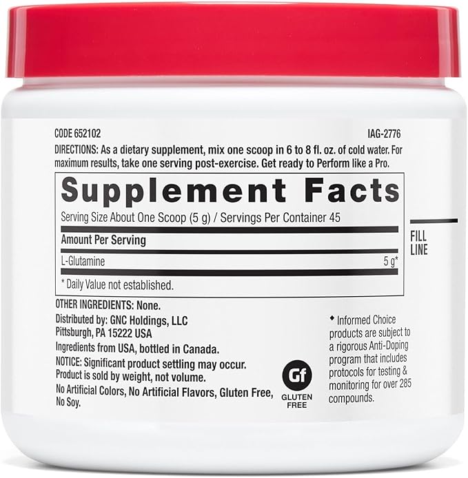 GNC Pro Performance L-Glutamine 5000mg, Amino Acid Supplement Powder, Supports Muscle Recovery & Function, Fuels Immune System, Unflavored, 45 Servings
