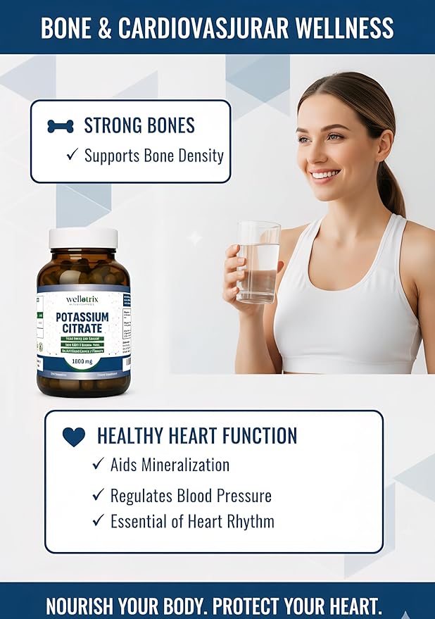 Wellotrix Potassium Citrate 1600 mg – 120 Vegan Capsules – Electrolyte Balance, Kidney Support, Urinary pH Health – Non-GMO, Gluten-Free, Made in USA – Vegan Formula