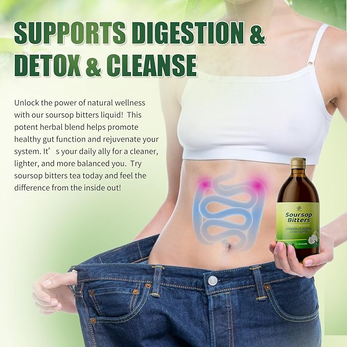 Soursop Bitters Liquid for Digestive Health,Gut Detox&Cleanse,Antioxidant,Immune Support,Skin Health-Pure 15 Herb Guanabana Tea with Black Seed,Moringa & Turmeric,98% High Absorption,Non-GMO 16 fl oz