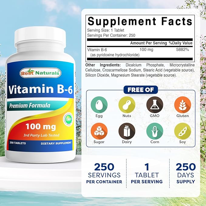 Best Naturals Vitamin B6 Tablet, 100 mg, 250 Count