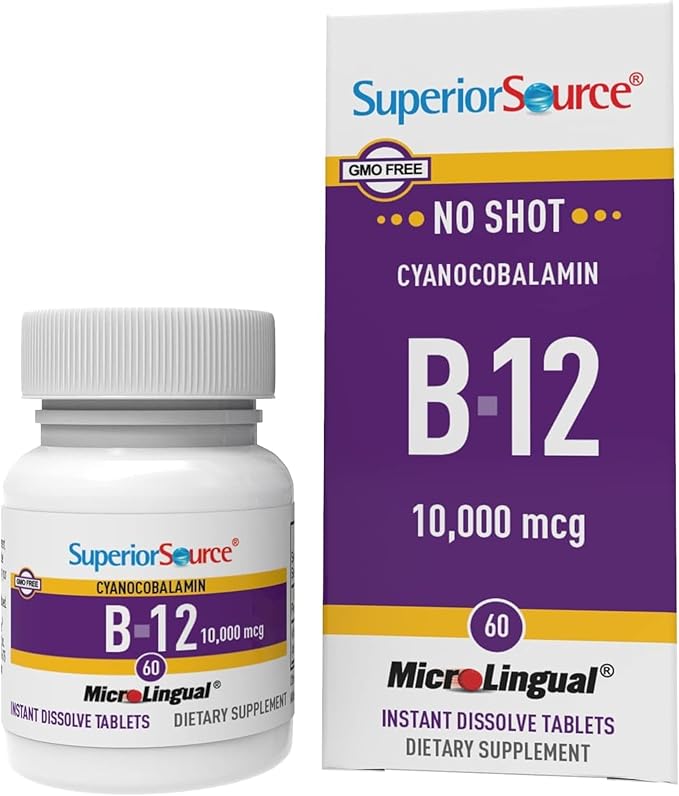 Superior Source No Shot Vitamin B-12 Cyanocobalamin 10000 mcg - Vitamin B-12 to Support Energy Production, Brain Health & Overall Wellness - Sublingual Tablets - 60 Dissolvable Tablets