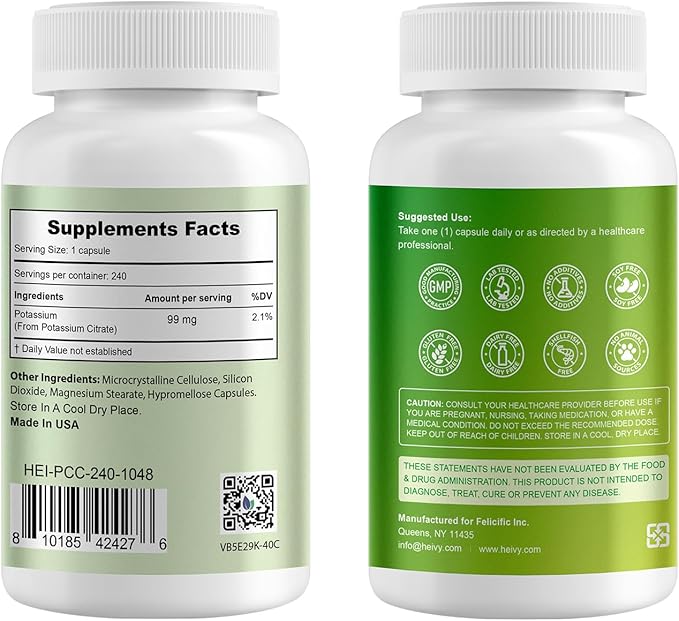 Heivy Potassium Citrate 99mg, 240 Capsules - Vegan, Allergen-Free Potassium Supplements for Electrolyte Balance, Lab-Tested Mineral Supplement, Made in USA