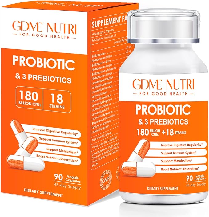 Probiotic Capsules, 90 Capsules 180 Billion CFU 18 Strains, Contains 3 Prebiotics, for Men & Women, Once Daily Probiotic Dietary Supplement, Boosts Digestive and Immune Health