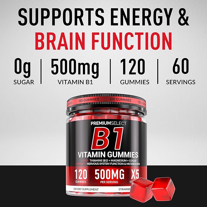Vitamin B1 Gummies – Sugar-Free Thiamine Supplement with CoQ10 & Magnesium – B1 Gummies for Adults – 120 Gummy Supplement, 2-Month Supply