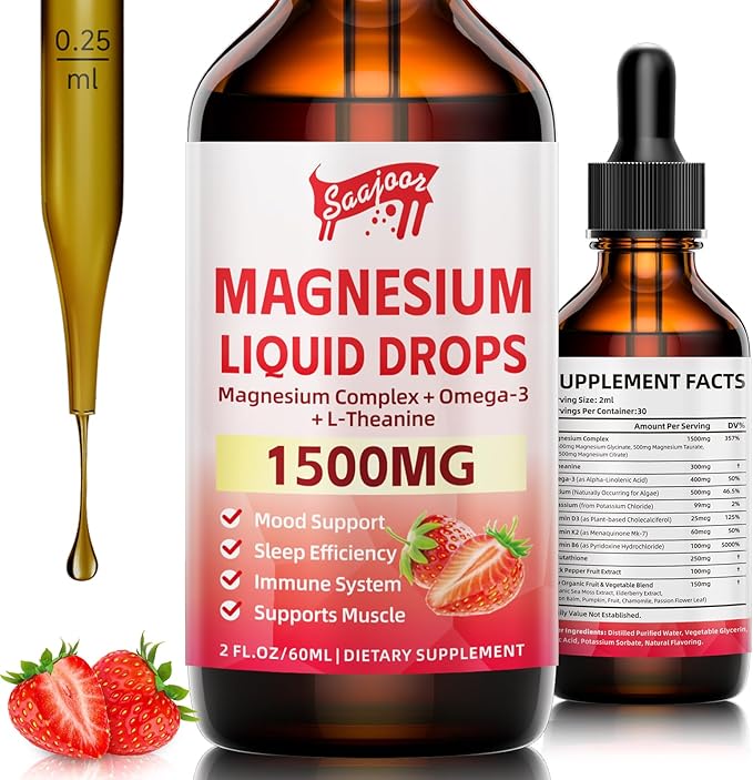 Magnesium Glycinate Liquid Drops, 1500mg Magnesium Liquid Supplement with Vitamin B6, D3, L - Theanine, Omega3,Support Night, Muscle, Bone, Mood, Strawberry Flavor - 2 Fl Oz (60ml) Bottle