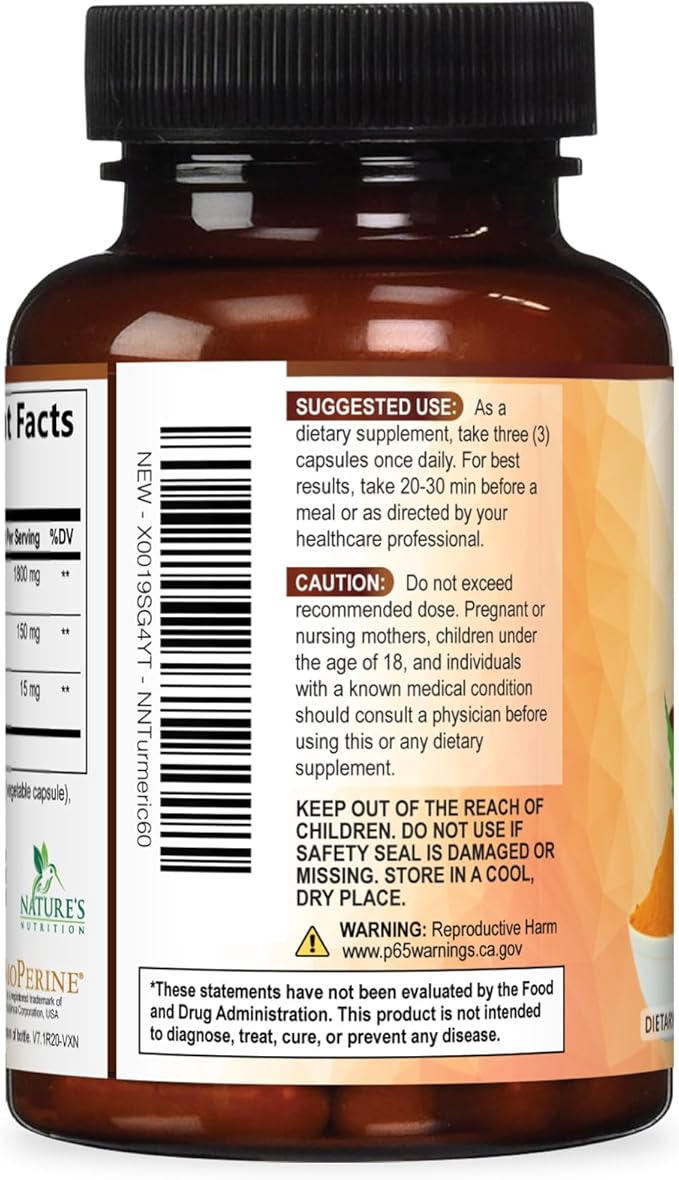 Turmeric Curcumin Supplement - 95% Curcuminoids with Organic Turmeric & BioPerine Black Pepper for Best Absorption - Daily Joint & Immune Health Support, Vegan, Non-GMO, Bottled in USA - 60 Capsules
