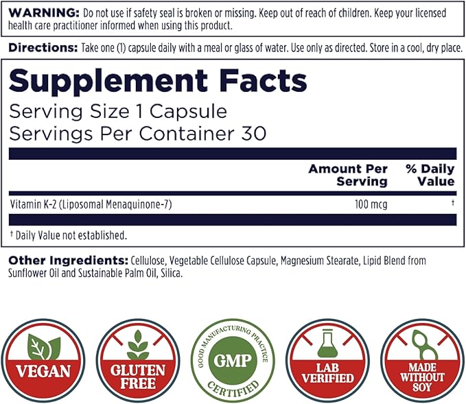 KAL Liposomal Vitamin K2 Supplement with MK7 100 mcg - High Absorption, Liposomal Technology - Advanced Bone Support - Vegan, Gluten Free, Made Without Soy, 30 Servings, 30 VegCaps