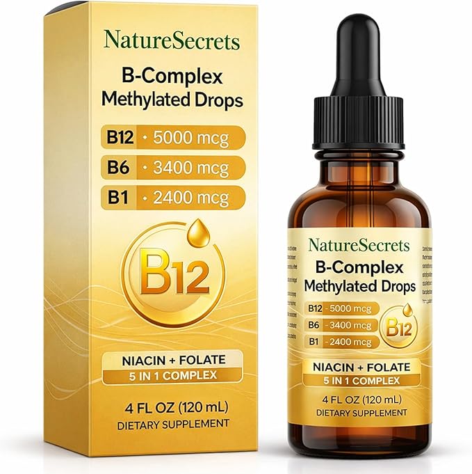 NATURESECRETS B-Complex Methylated Drops, with B12 B6 B1, Fast Sublingual Absorption, Essential B Vitamins for Energy & Nervous System Support, Raspberry Flavor, 120 mL / 4 fl oz