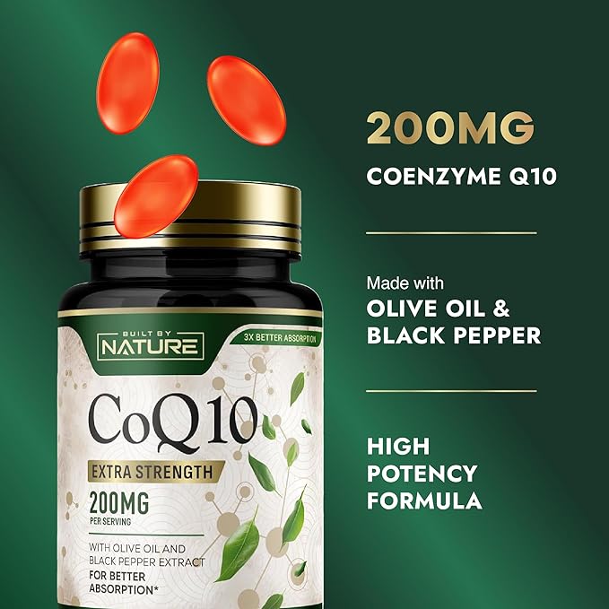 Built by Nature CoQ10 200 mg – Coenzyme Q10 with Olive Oil and Black Pepper for High Absorption – Supports Heart Health & Energy – Antioxidant Supplement– 2 Month Supply, 120 Softgels