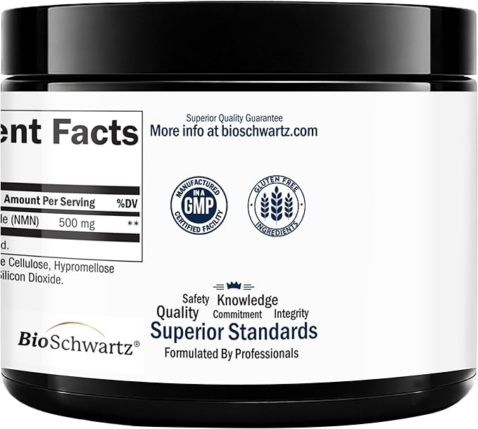 BioSchwartz NMN Supplement - 500mg Nicotinamide Mononucleotide - 30 Servings, 60 Capsules - Made in The USA with Premium Globally Sourced Ingredients, Third-Party Tested, Gluten-Free NMN Supplement