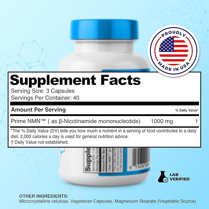 Prime Powders NMN Capsules – 1000mg per Serving – Stabilized Nicotinamide Mononucleotide – Extra Strength High Potency – 120 Vegetarian Capsules, Non-GMO & Gluten-Free