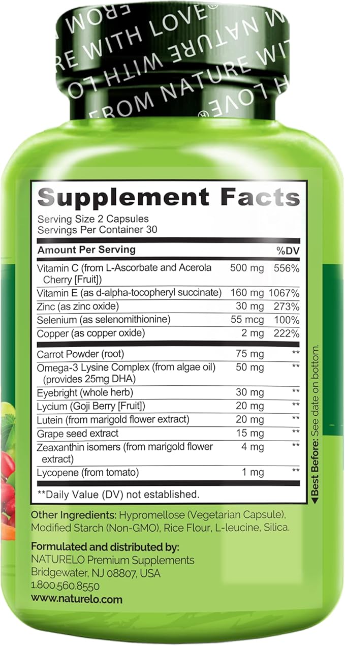 NATURELO Eye Vitamins - AREDS 2 Formula Nutrients with Lutein, Zeaxanthin, Vitamin C, E, Zinc, Plus DHA - Supplement for Dry Eyes, Healthy Vision, Eye Support - 60 Vegan Capsules