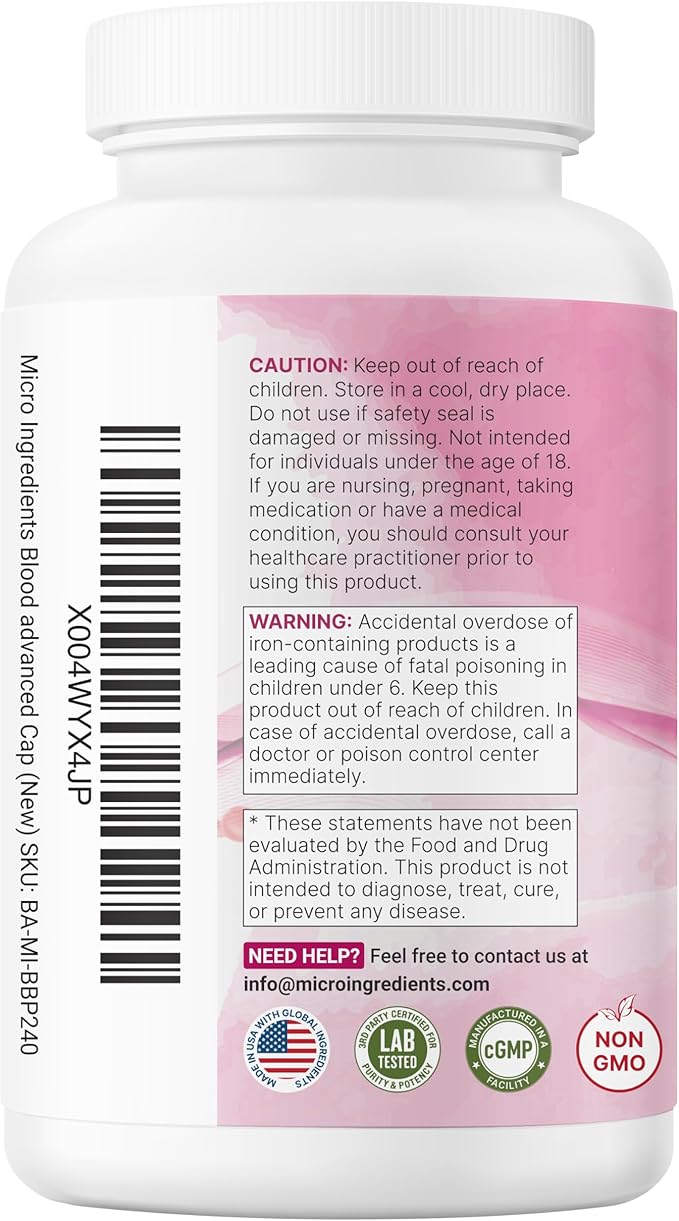 Micro Ingredients Blood+ Advanced Iron Supplement, 240 Veggie Capsules | 14-in-1 Iron Bisglycinate with Folate, Vitamins B, C | Chelated Iron Complex with Botanical Blend | Non-GMO