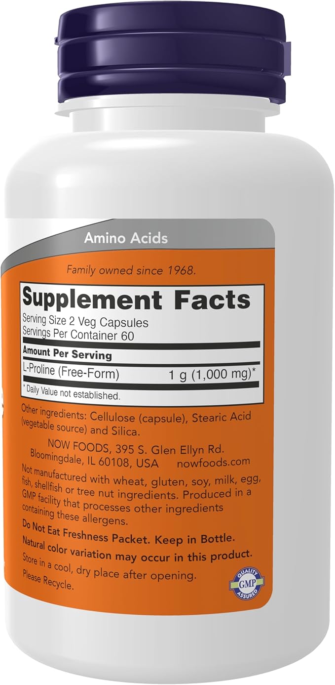 NOW Supplements, L-Proline 500 mg, Collagen Production*, Structural Support*, 120 Veg Capsules