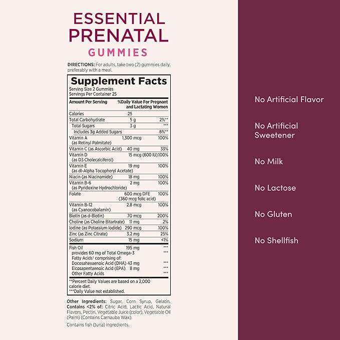 Nature's Bounty Optimal Solutions Essential Prenatal Gummies, Folic Acid and Iodine, Omega 3 and DHA, 50 Count, 25 Total Servings