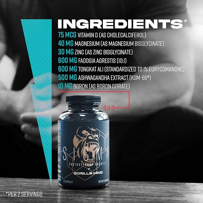 Gorilla Mind Sigma Testosterone Booster - Made with Tongkat Ali and Fadogia Agrestis Extract to Support Higher Testosterone Level (120 Capsules)