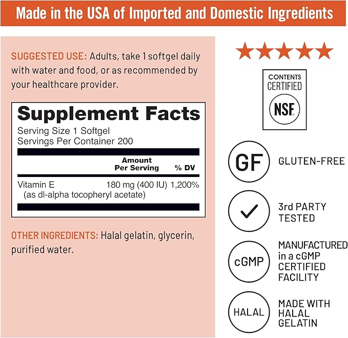 NatureWise Vitamin E 400 IU Softgels (180mg DL-Alpha) - Dairy,Gluten,and Soy Free,Non-GMO Antioxidant Dietary Supplement for Skin,Heart,Eye,and Immune Health Support -,200 Count (Pack of 2)