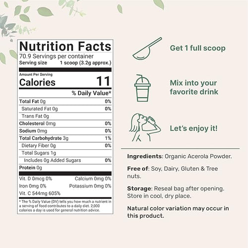 2 Pack of Pure USDA Organic Acerola Cherry Powder, Natural and Organic Vitamin C for Immune System, 8 Ounce, No GMO, No Gluten, Brazil Origin