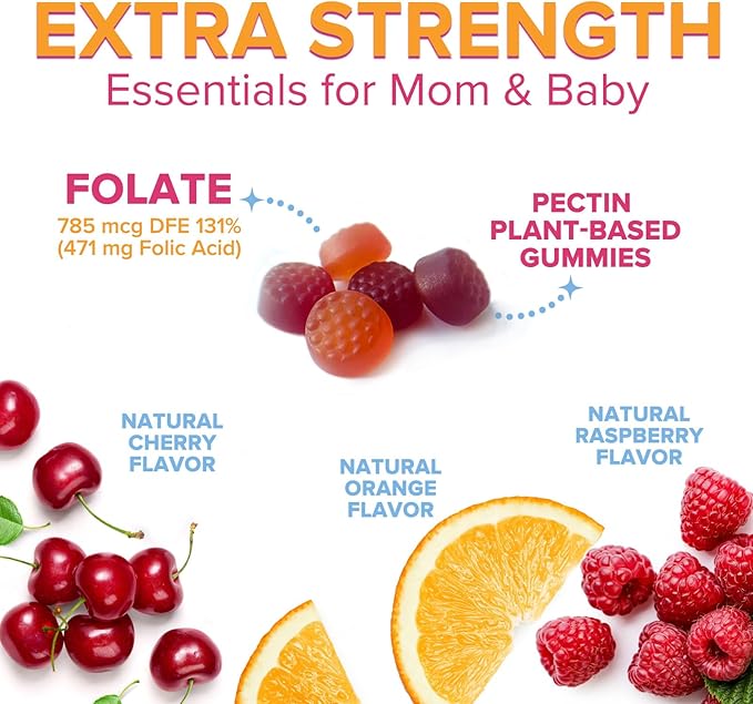 Folic Acid Gummies for Women - Folate 785 mcg Per Serving - Essential Prenatal Vitamins for Mom & Baby, Vegan Folic Supplement Gummy, Daily B9 Vitamin, Before During After Pregnancy - 60 Gummies