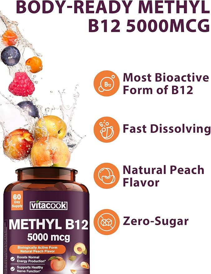 Vitamin B12 Sublingual, Methylcobalamin 5000mcg for Energy Production, Energy, Nerve & Cell Support, Natural Peach Flavor, Vegan, Zero Sugar, 60 Fast Dissolve Tablets