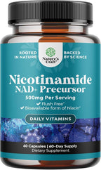Vitamin B3 Niacinamide 500mg Capsules - Mitochondrial Energy and Potent Skin Supplement - Vitamin B3 Niacin Flush Free and Nicotinamide 500mg - Flush Free Niacin Supplement - 60 Count
