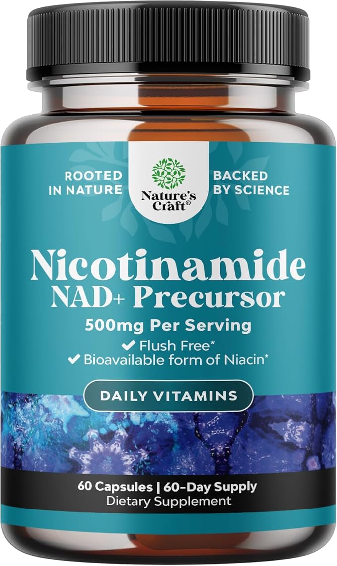 Vitamin B3 Niacinamide 500mg Capsules - Mitochondrial Energy and Potent Skin Supplement - Vitamin B3 Niacin Flush Free and Nicotinamide 500mg - Flush Free Niacin Supplement - 60 Count