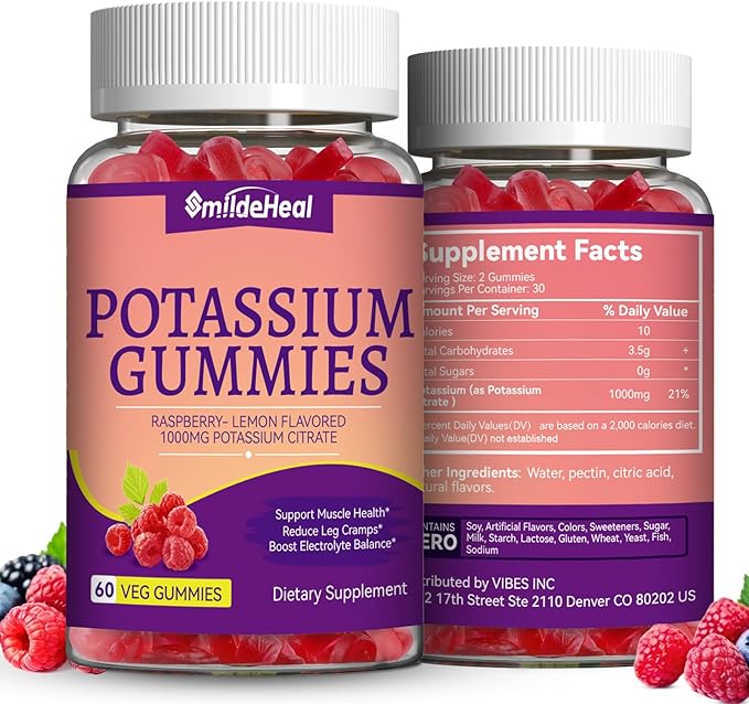 2 Pack Potassium Supplement Gummies 1000mg, Potassium Gummies for Adults, Support Leg Cramps & Muscle Health - Vegan,120 Count