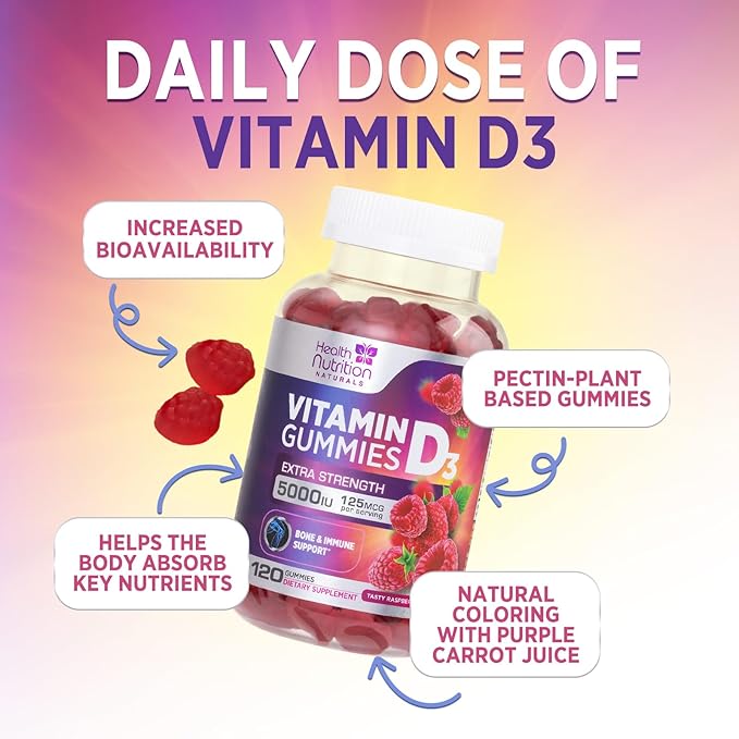 Vitamin D3 Gummies 125 mcg (5000 IU) Per Serving - 3X Strength Immune Support & Bone Support, Vitamin D Gummy Dietary Supplement, Nature's Berry D Vitamin Supplement, Raspberry Flavored - 120 Gummies