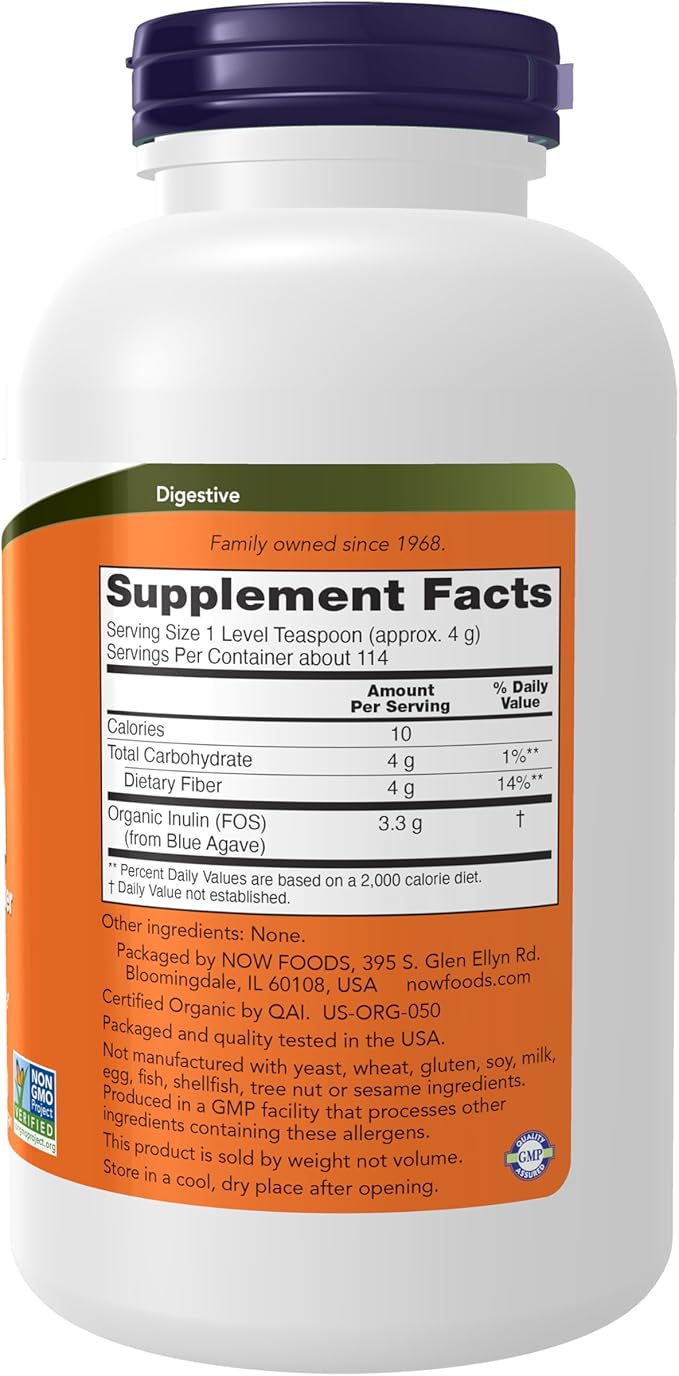 NOW Foods Supplements, Inulin Prebiotic Pure Powder, Certified Organic, Non-GMO Project Verified, Intestinal Support*, 1-Pound