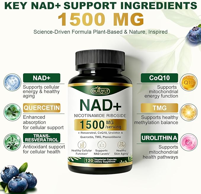 NAD+ Supplement 1500mg, NR NMN Replacement with Resveratrol, Urolithin A, CoQ10 & Quercetin - NAD Plus for Cellular Energy, Healthy Aging & Stamina for Women & Men - 120 Capsules -2pcs