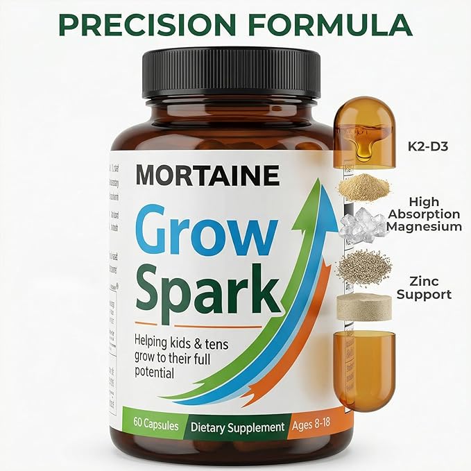 Mortaine Grow Spark Supplement, Nutrient Support Blend with Vitamin K2, Magnesium & Zinc for Bone Support - 60 Capsules