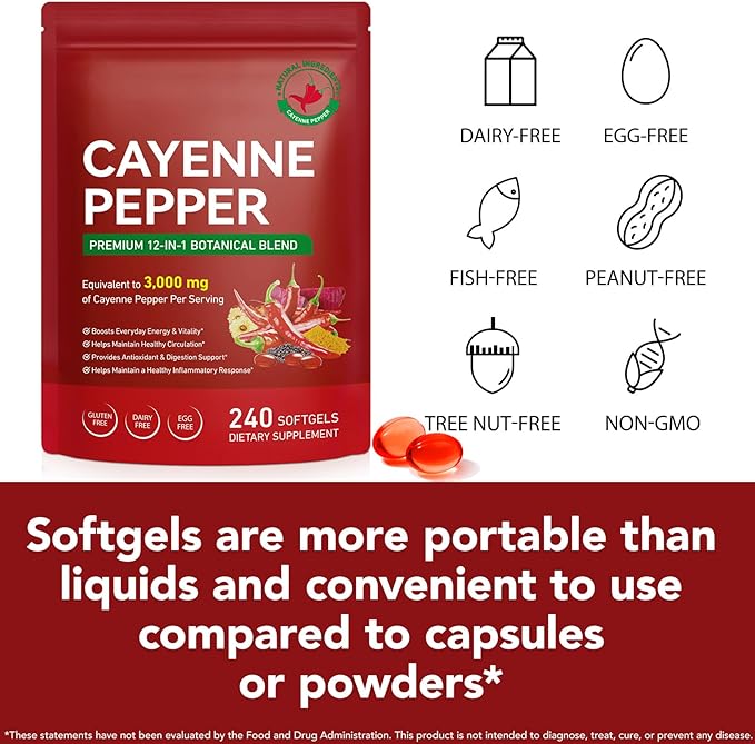 Cayenne Pepper Capsules, Cayenne Pepper Capsaicin Supplements Support Leg Vein, Heart Health and Blood Circulation, with Vitamin E D3 K2 and Extracts of Grape Seed, Beetroot and Turmeric, 240 Softgels