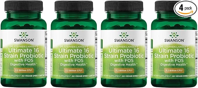 Swanson Dr. Stephen Langer's 16-Strain Probiotic with Prebiotic FOS for Gut-Health-Conscious Adults with 3.2 Billion CFU (60 Vegan Capsules, 4 Pack)