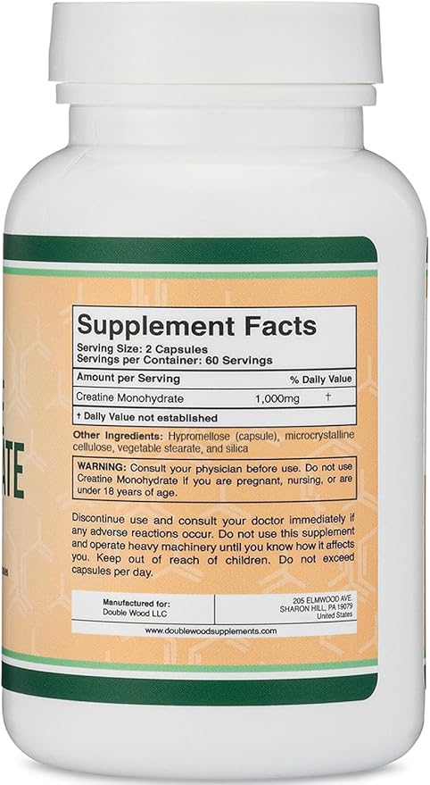 Creatine Monohydrate Capsules - 1g per Serving, 120 Count - No Fillers, Vegan Safe, Non-GMO, Gluten Free by Double Wood