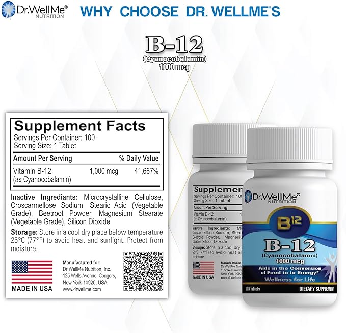 Dr.WellMe B-12 1000 mcg Vitamin Tablets – 100 Tablets High-Potency Cyanocobalamin for Maintain Energy – Non-GMO, Vegan, Metabolism Health – GMP-Certified