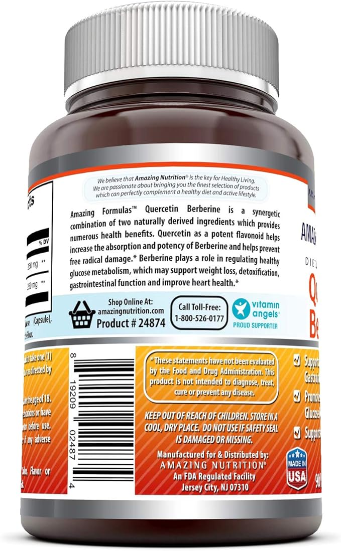 Amazing Formulas Quercetin Berberine | 250 mg Berberine and 250 mg Quercetin | Veggie Capsules Supplement | Non-GMO | Gluten Free | Made in USA (90 | 2 Pack)