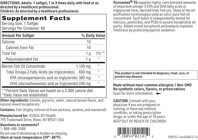 Klaire Labs SFI Health Eicosamax TG Fish Oil - Ultra Pure Omega-3 Fish Oil Pills with EPA/DHA - Sustainably Sourced - Natural Lemon Flavor for No Fishy Burps or Aftertaste (60 Softgels)