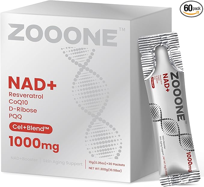 zooone NAD+ 1000mg Liquid Packets Supplement - Premium Nicotinamide Riboside & Resveratrol for Cellular Energy,Advanced NAD Booster for Men & Women (60 Pocket)