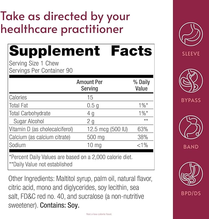 Bariatric Advantage Calcium Citrate Chewy Bites 500 mg - Highly Absorbable & Digestible - Vitamin D3 - Easily Chewable Calcium Supplement - Strawberry Flavor - 90 Count
