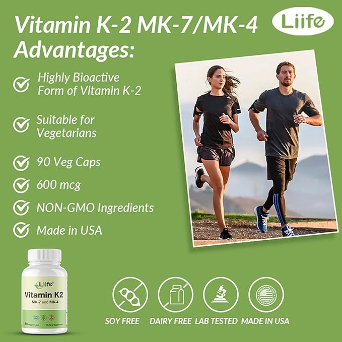 LIIFE Vitamin K2 600mcg Supplement with MK-7 100mcg & MK-4 500mcg,90 Vegetable Capsules for Bone & Cardiovascular Health | Non-GMO & Gluten Free