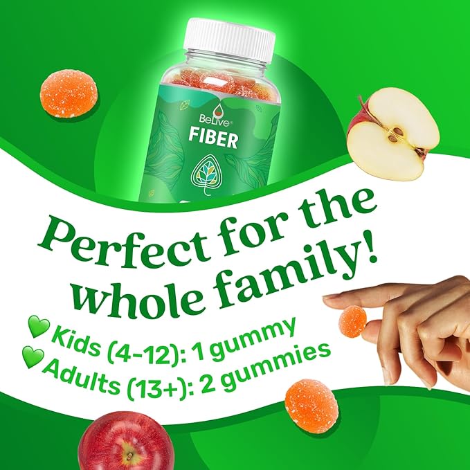 BeLive Fiber Gummies - Sugar Free Prebiotic Digestive Health and Regularity Supplement - Chicory Root & Inulin - for Adults and Kids - Apple Flavor - 60 Count