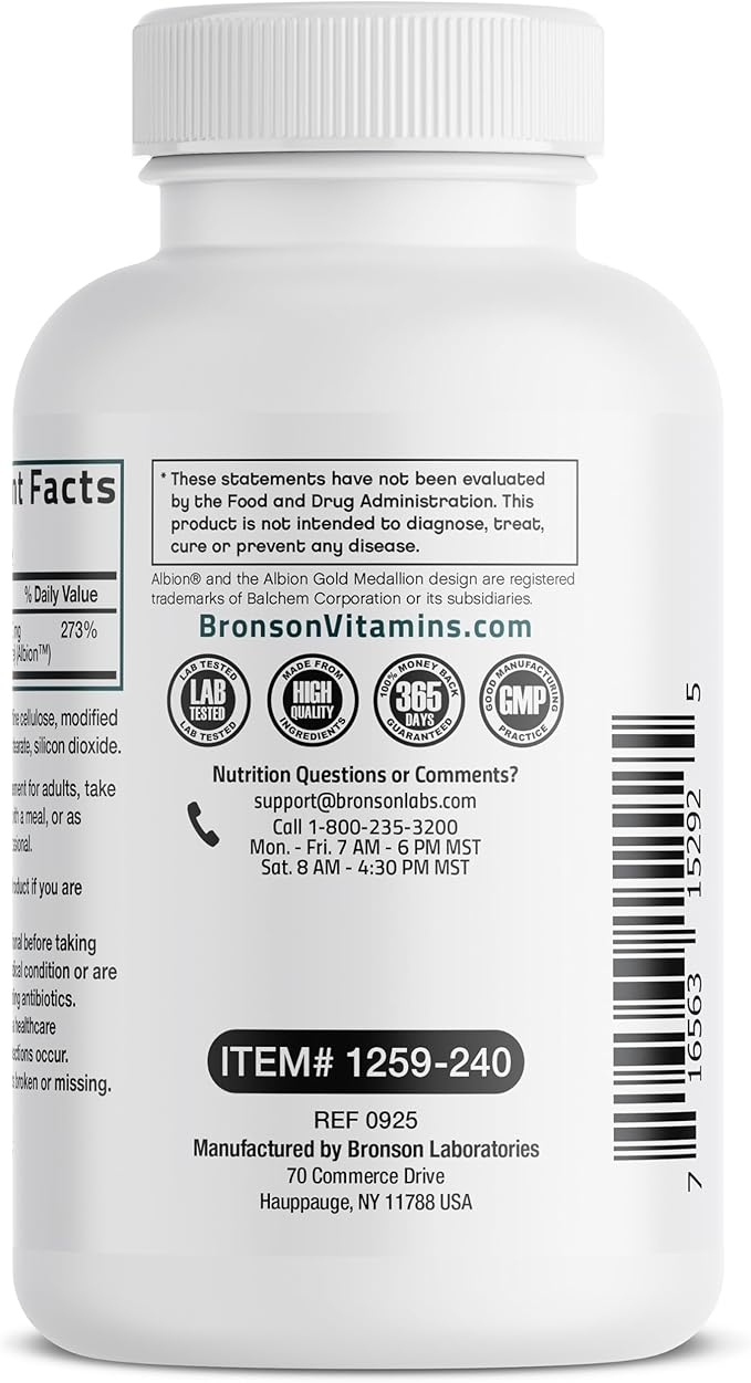 Bronson Zinc Glycinate 30mg Chelated Superior Absorption 100% Chelated Formula Non-GMO, 240 Vegetarian Capsules
