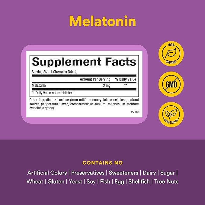 Stress-Relax Melatonin 3 mg by Natural Factors, Natural Sleep Aid, Resets the Sleep-Wake Cycle, 180 chewable tablets (180 servings), Peppermint Flavor