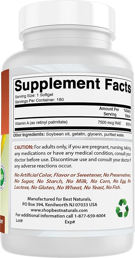 Best Naturals Vitamin A 25000 IU (7500 mcg), Non-GMO Formula Supports Healthy Vision & Immune System and Healthy Growth & Reproduction, 180 Softgels (180 Count (Pack of 2))